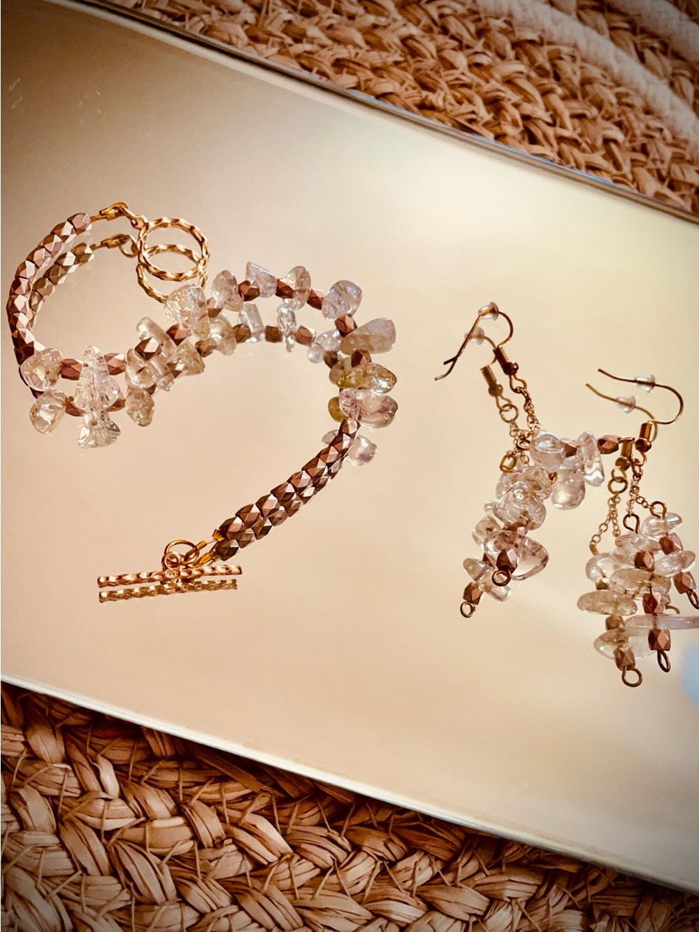 Hand Crafted Clear Crystal Chip Dangle Earrings with Gold Accents